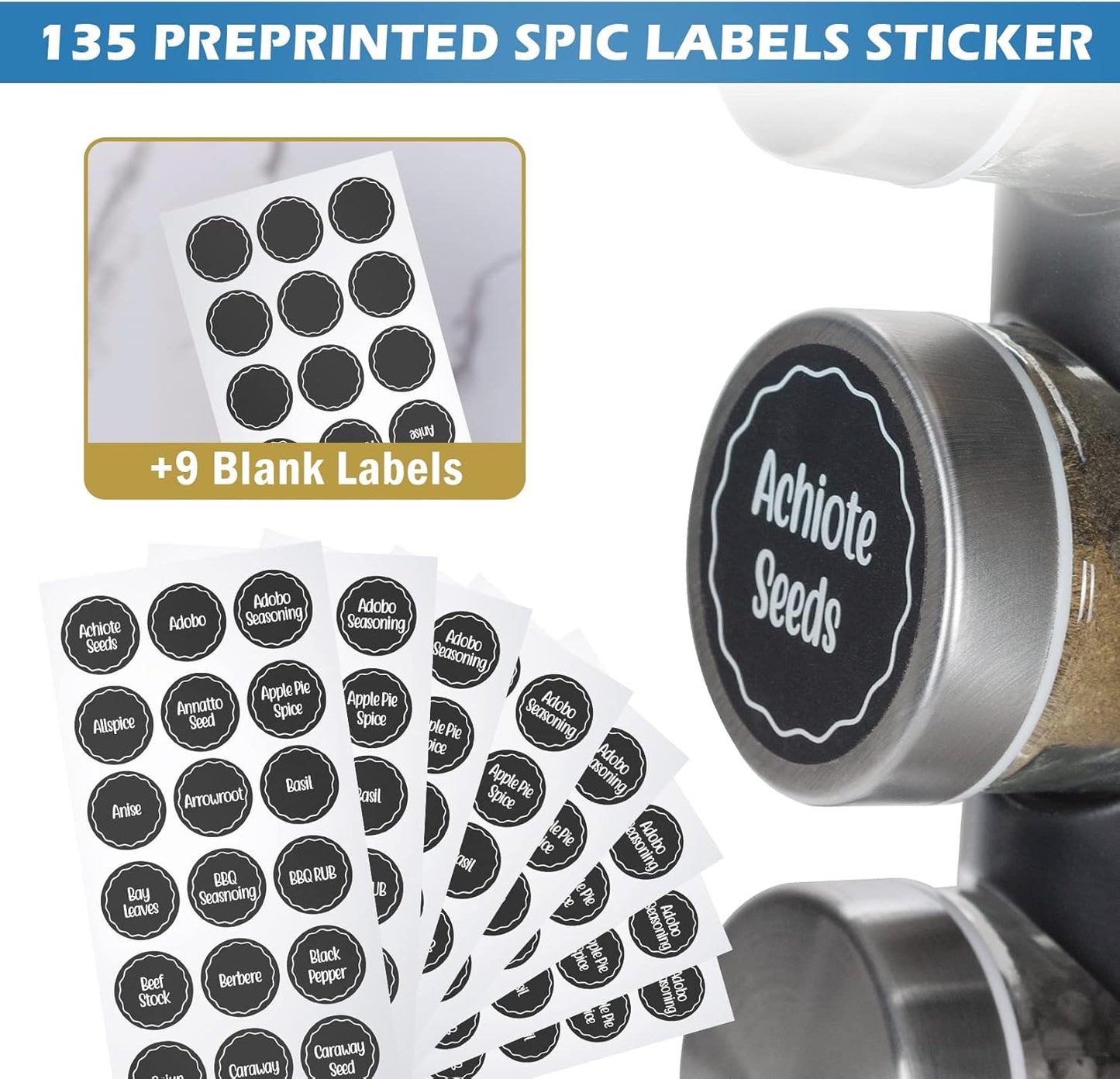 Black Countertop Revolving Spice Rack, Empty 20-Jars Rotating Spice Rack Organizer, Round Carousel Tower, 135 Spice Labels with Funnel Complete Set, for Kitchen Countertop, Cabinet