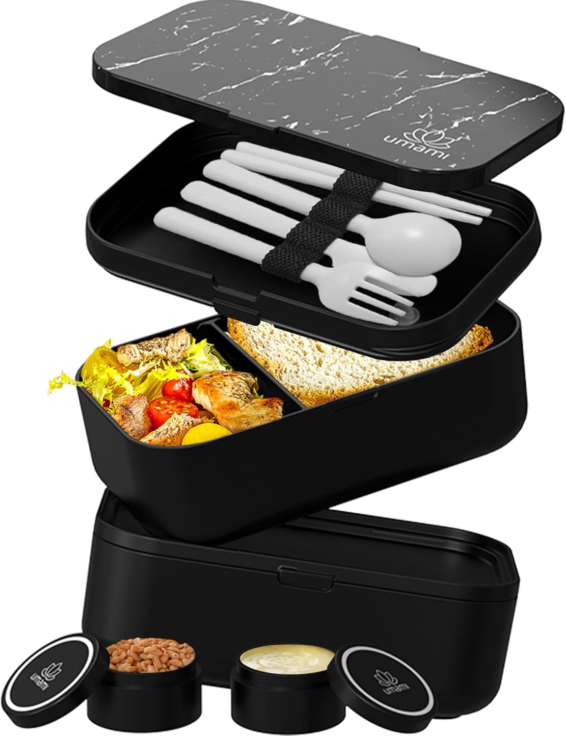 Umami Bento Box Adult All-In-1 w/4 Utensils, 2 Sauce Jars, 2 Dividers, 100% Leakproof, Microwave & Dishwasher Safe, Stackable Lunch Containers for Men/Women, Matte Black & Marble, 68 oz
