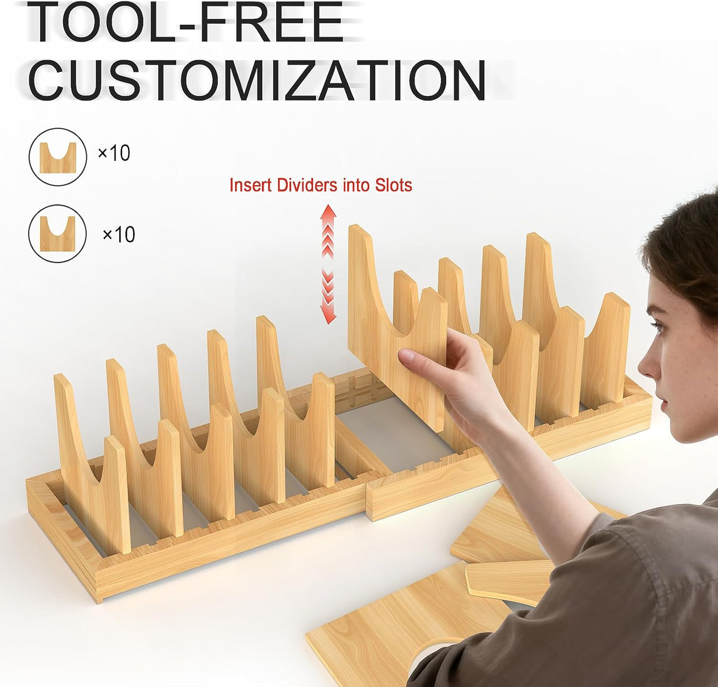 Bamboo Expandable Pot and Pan Organizer Under Cabinet,2-in-1 Kitchen Cabinet Organizer with Adjustable 10 Dividers, Non-Slip Base for Pot Lids Holder, Cutting Board Organizers for Kitchen Storage