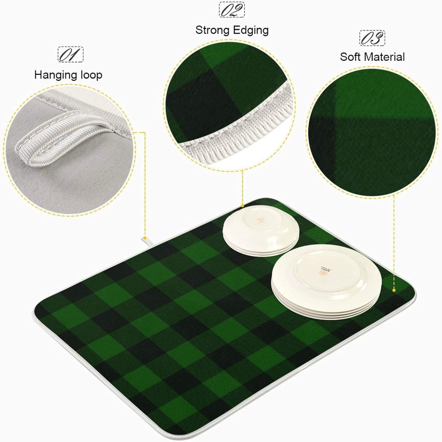 Super Absorbent Dish Drying Mat, Microfiber Fast-Drying Dish Mat, 24" x 18", Kitchen Dish Drying Pad Vintage Hunter Green Plaid