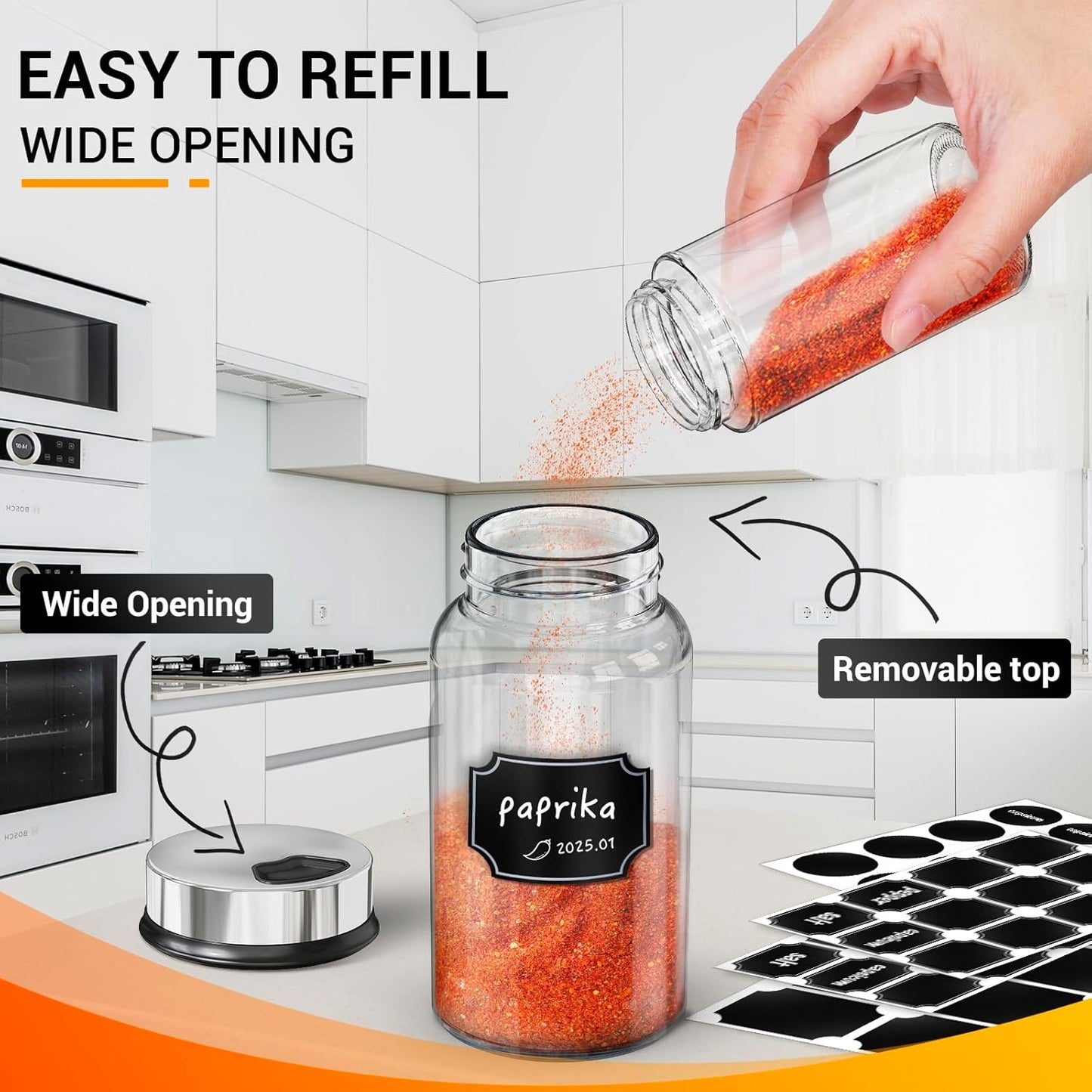 Segarty Spice Jars Set, 3 Pack 6 oz Glass Spice Jar with Labels, Seasoning Bottles Set with 136 Blank Stickers, 1 Chalk Marker, 1 Brush, Salt and Pepper Shakers with Ajustable Holes Lids