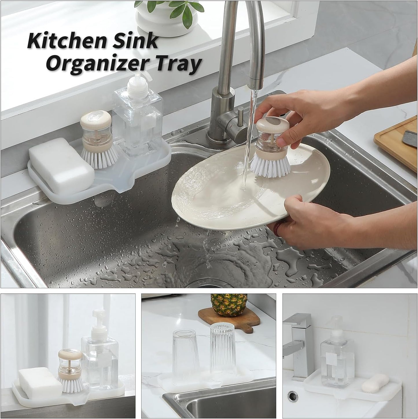 Silicone Bathroom Soap Dishes with Drain Spout-Bathroom and Kitchen Sink Organizer,Sponge Holder,Dish Soap Tray,Perfect for Dispenser,Scrubber,Bottle,Cup on Counter Translucent 9.6"×5.3"