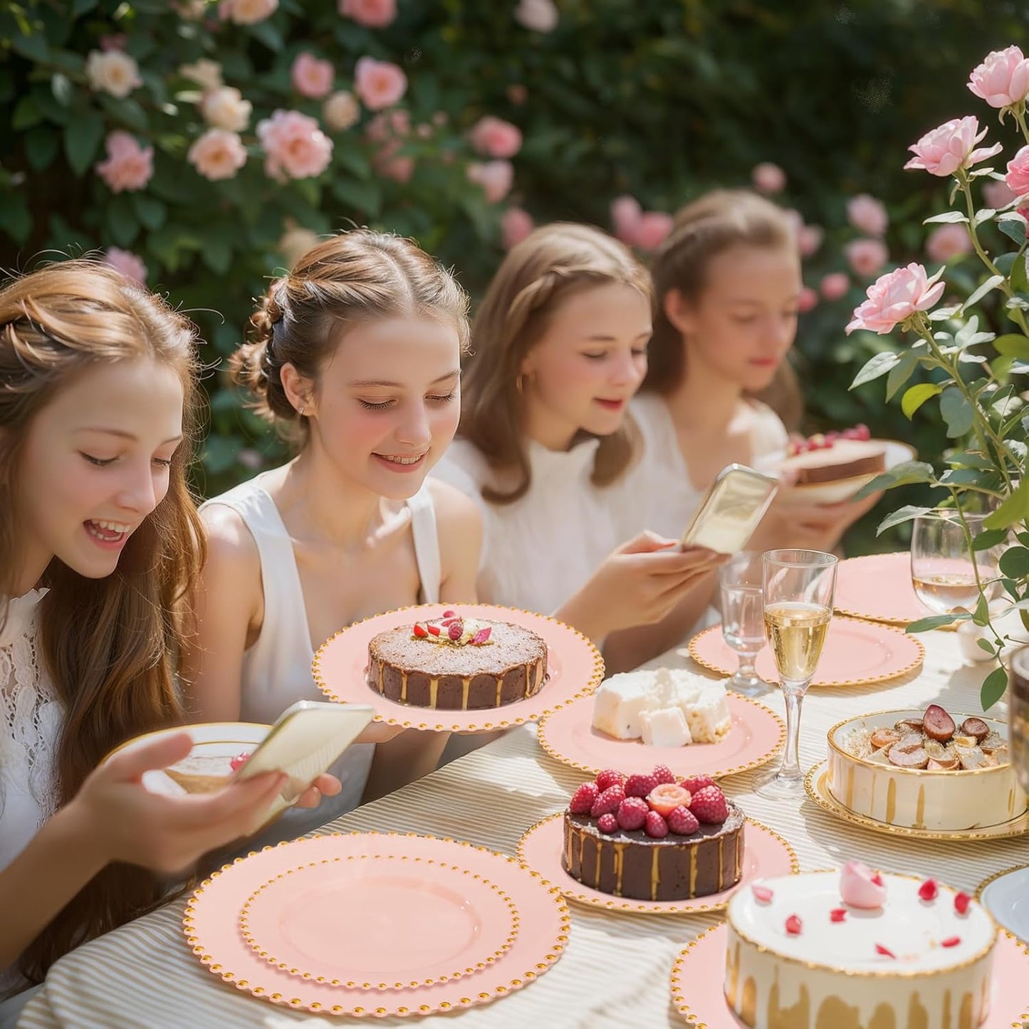 supernal 100pcs Pink Plastic Plates with Gold Beads Plates Disposable Heavy Duty Party Supplies Includes 10.25inch Dinner Plate and 7.5inch Dessert Disposable Plate for Party,Wedding,Bridal Showers