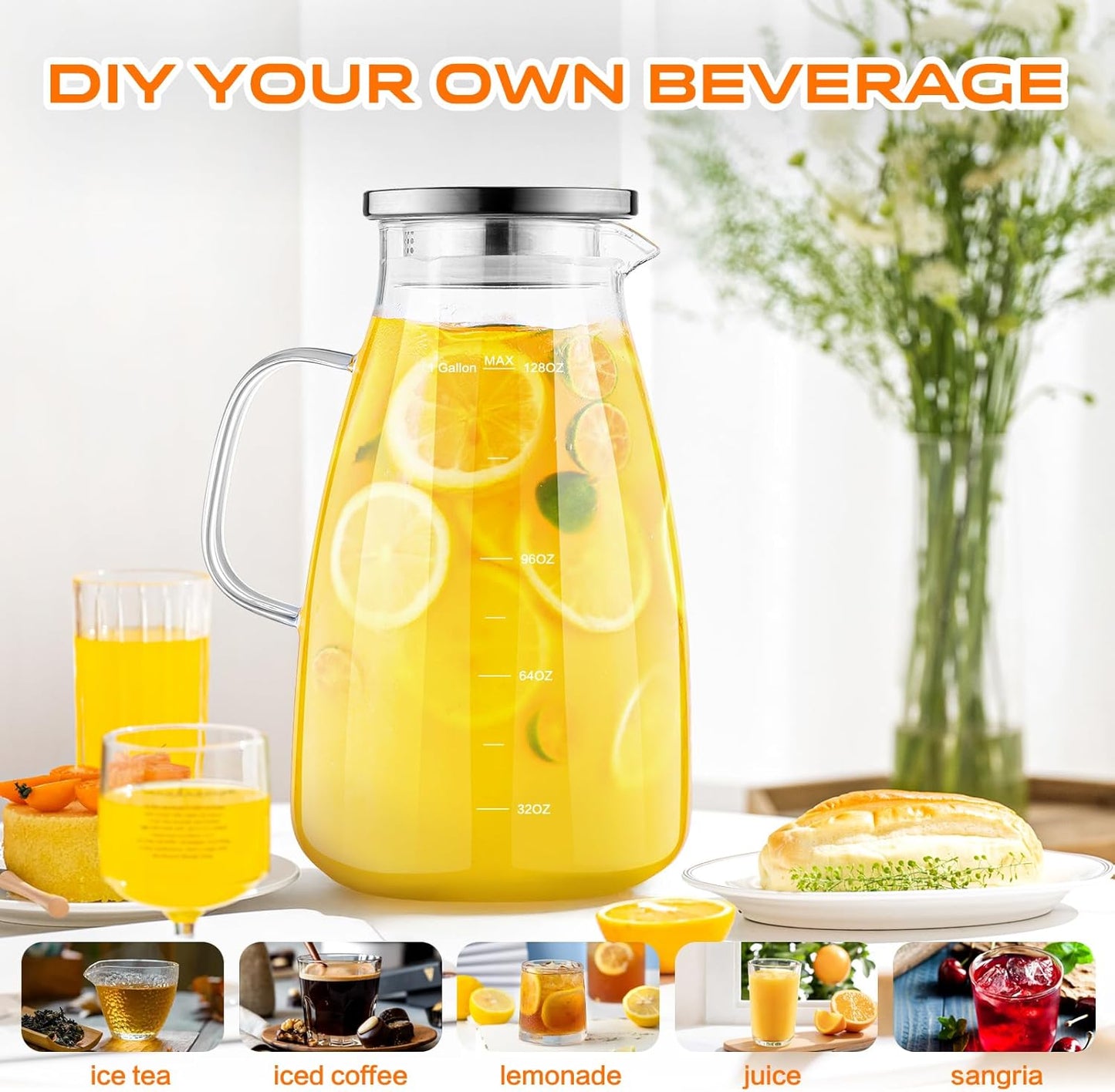 1 Gallon 128oz Glass Pitcher, Water Pitcher with Lid and Spout, Glass Carafe for Hot/Cold Drink, Water Jug for Iced Tea, Coffee, Juice, Milk, Beverage (Extra-Wide Mouth)