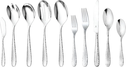 Hammered Silverware Set with Serving Utensils, 18/10 Stainless Steel Flatware for 8, Dishwasher Safe, Mirror Finish, Heavy-Duty, Built to Last (45-Piece Including a Serving Set, Fidenza Hammered)