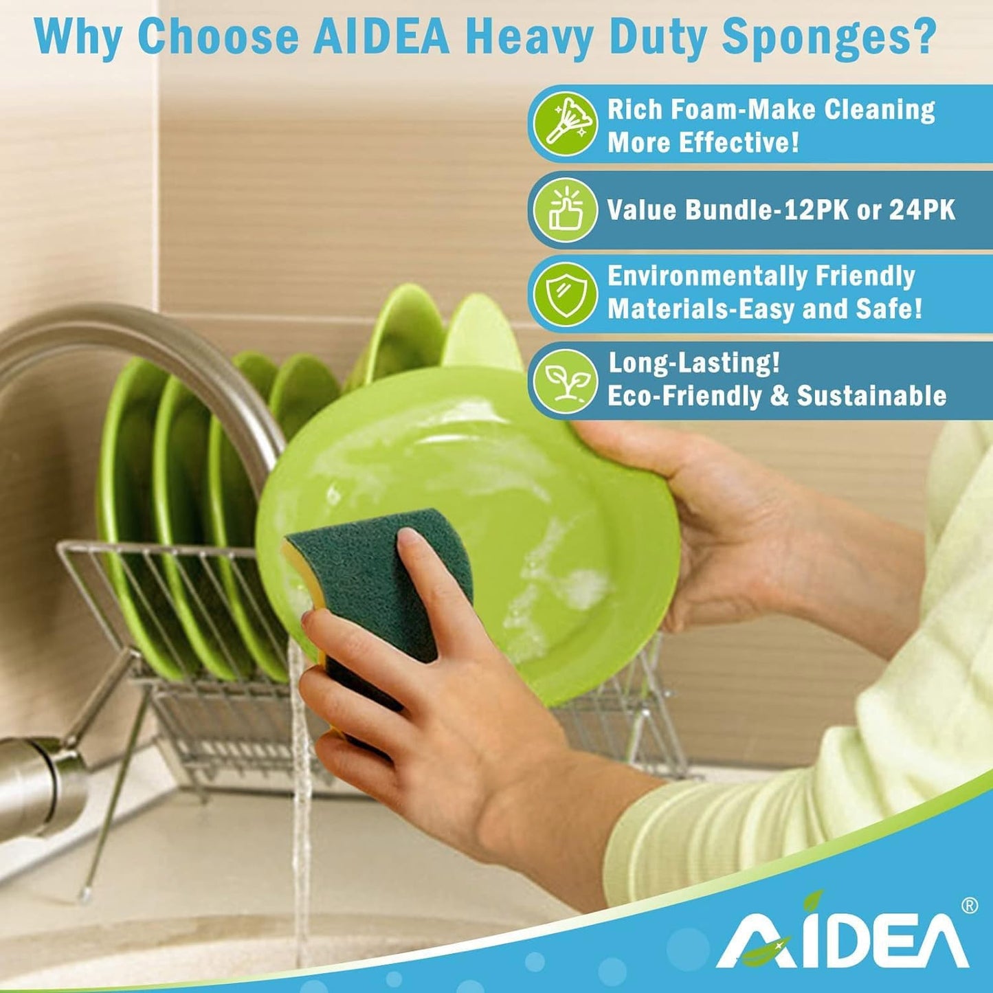AIDEA Sponges Kitchen, 24 Pack Heavy Duty Dish Sponge, Cleaning Dish Scrubber Sponge for Home and Kitchen, Stink-Free Cleaning Supplies for Pots, Pans