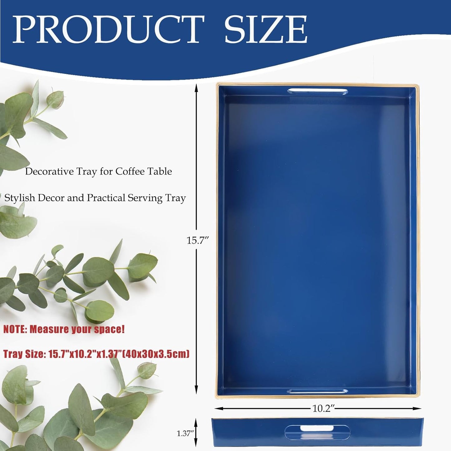 Spsyrine Blue Decorative Serving Tray with Handles, Elegant Plastic Coffee Table Tray for Ottoman, Living Room, Home Decor 15.6" X 10.2"