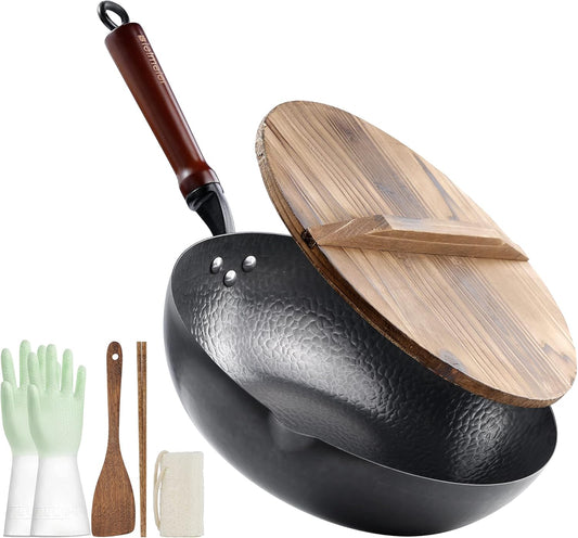 Wok Pan 12.5", Stir Fry Pan with Lid, Gloves & Cookware Accessories, Carbon Steel, Suitable for All Stoves (Flat Bottom)