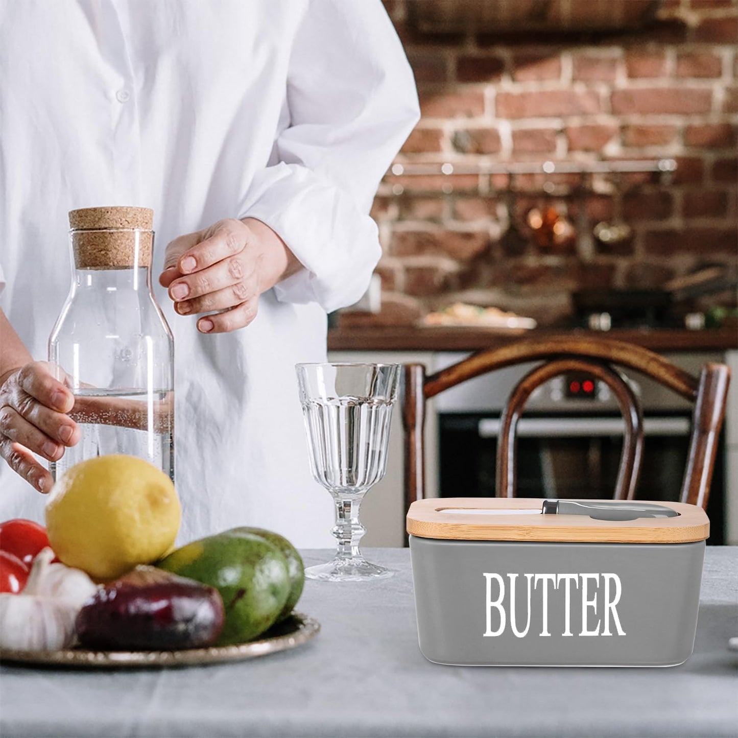 Ceramic Butter Dish with Wooden Lid, Large Butters Container Keeper Storage with Stainless Steel Knife Spreader, Bamboo Cover and Silicone Sealing Ring for West East Coast, Grey