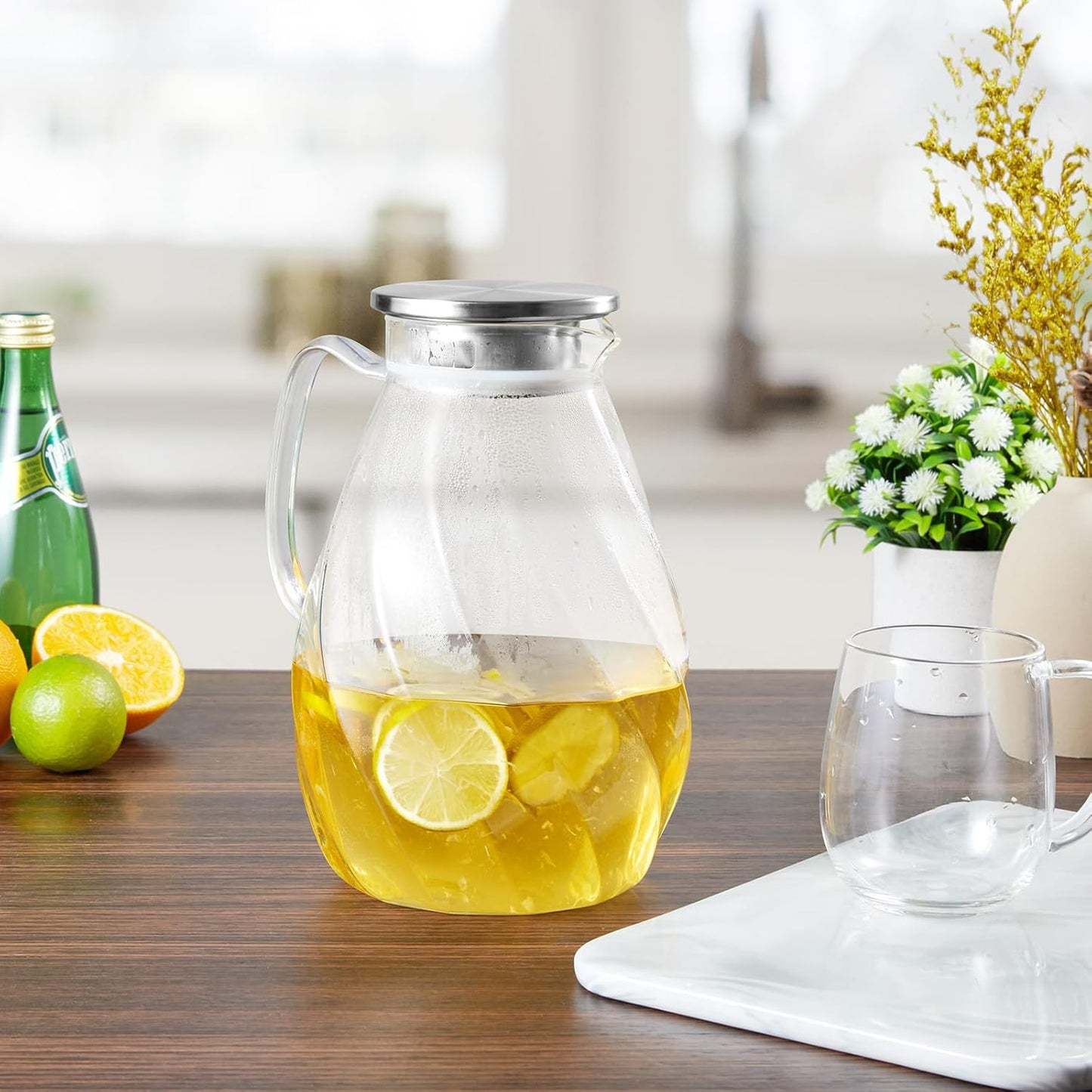 DRASTAR Glass Pitcher with Lid, 2.2L Water Pitcher, 74oz Tea Pitcher for Drinks, Borosilicate Glass Water Jug Cold Or Hot Beverages, Lemonade Pitcher, Glass Water Carafe With Lid