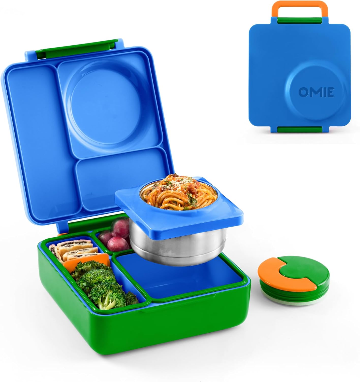 OmieBox Bento Box for Kids - Insulated Bento Lunch Box with Leak Proof Vacuum Insulated Food Jar - 3 Compartments, Two Temperature Zones (Monster Blue)