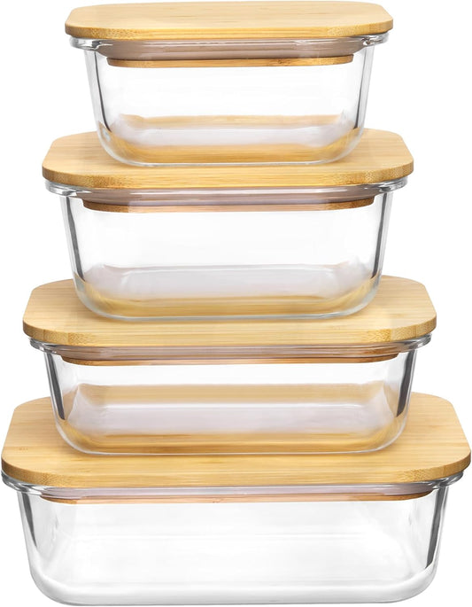 Vtopmart Glass Food Storage Containers with Bamboo Lids, 4 Pack Meal Prep Glass Containers Safe for Microwave, Oven, Freezer and Dishwasher, BPA Free