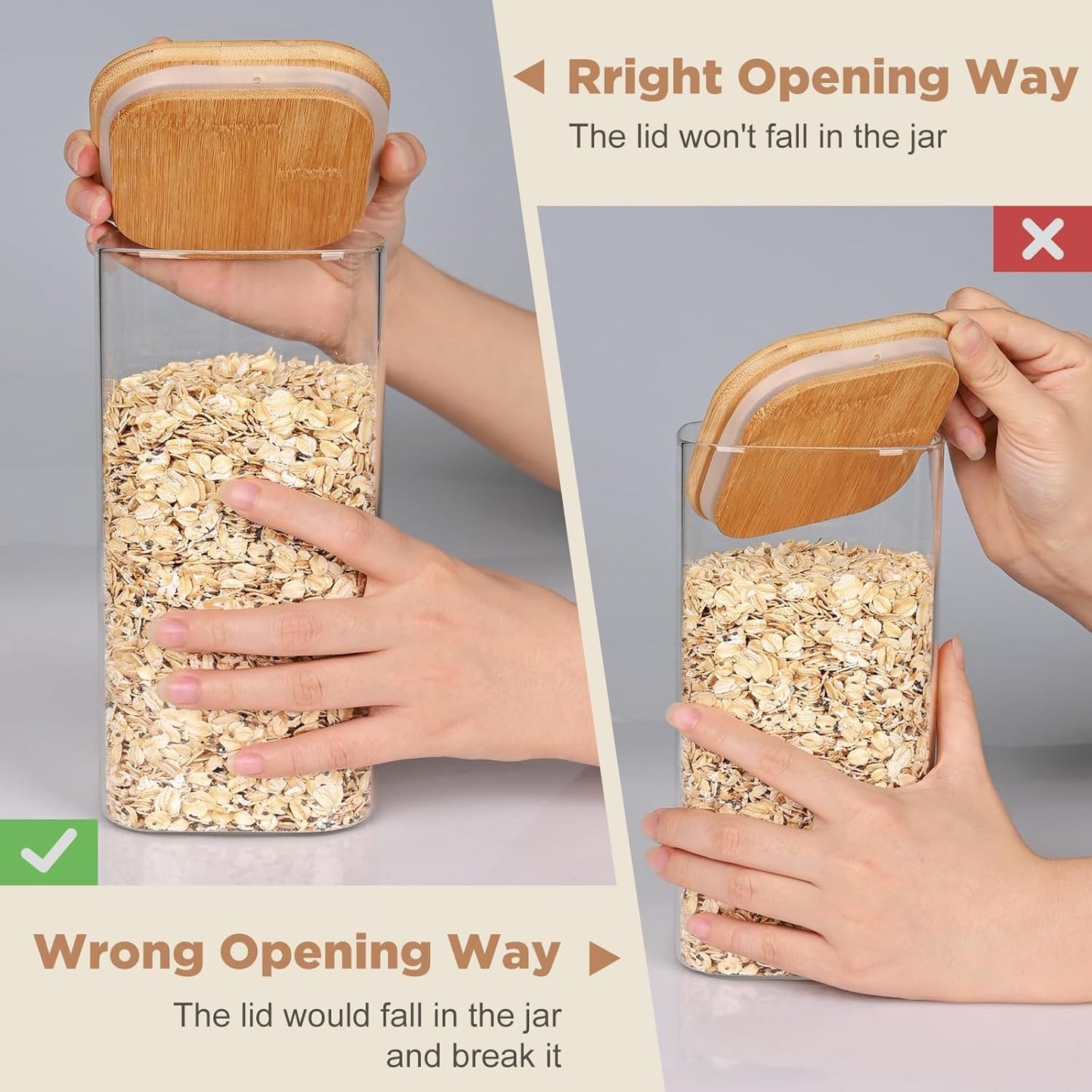 Glass Food Storage Jars Square 61oz, 3 Pack Glass Jars With Bamboo Lids, Kitchen Storage Containers For Spice, Candy, Cookie, Storage For Pantry Organizers