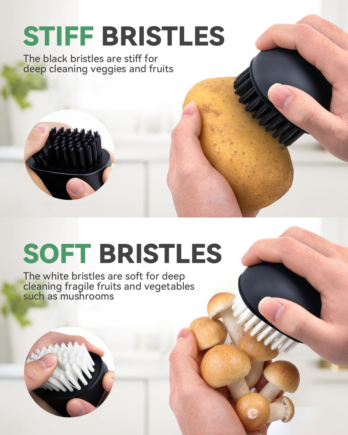 SXhyf Vegetable Brush Scrubber for Food [Black Stiff Bristles Brush + White Soft Bristles Brush] Potato Scrubber, Dishwasher Safe Veggie & Fruit Cleaning Brush for Mushrooms, Carrots, Lemons, Eggs
