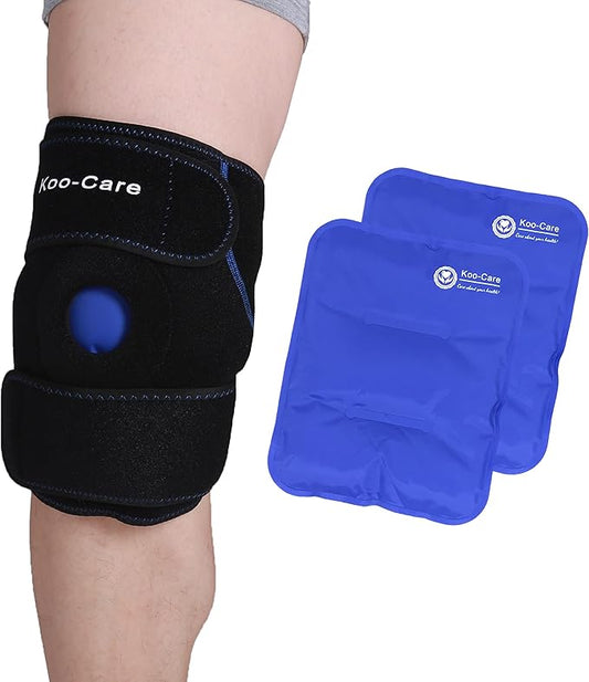 Koo-Care 2 Knee Gel Ice Pack & Wrap For Injuries Reusable Hot Cold Therapy Compress Pain Relief for Arthritis, Tendonitis, ACL, Knee Replacement Surgery - 9.9" x 7.9" Neoprene Brace With Long Straps