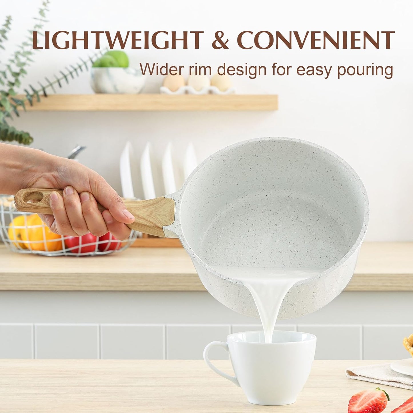 SENSARTE White Ceramic Nonstick Saucepan with Lid Set, Small Cooking Pot with Stay Cool Handle, Induction Compatible Saucepot, White Granite Coating, PFOA/PFAS Free, 2.0 + 2.5QT