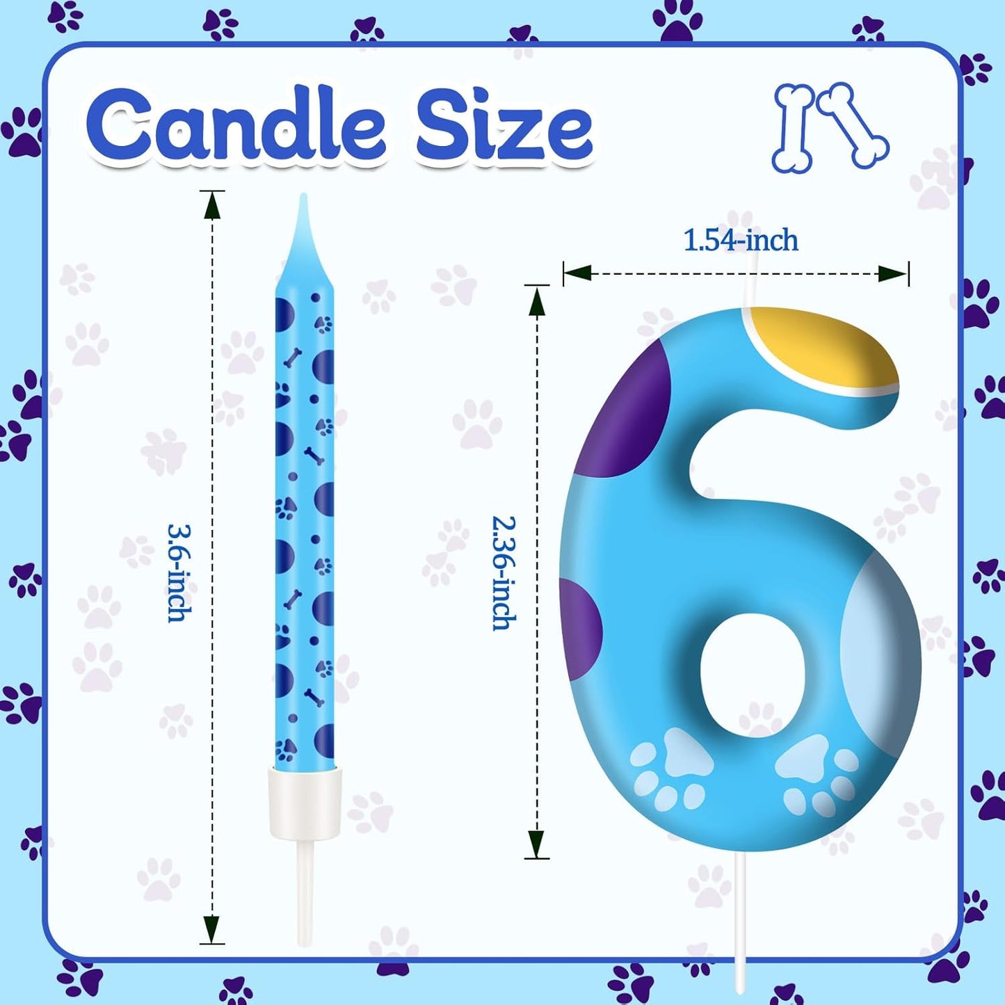13PCS Blue Dog Paw Birthday Candles Set Cake Topper Numeral Birthday Candles for Boy Girl Dog Paw Decoration(Number 6)