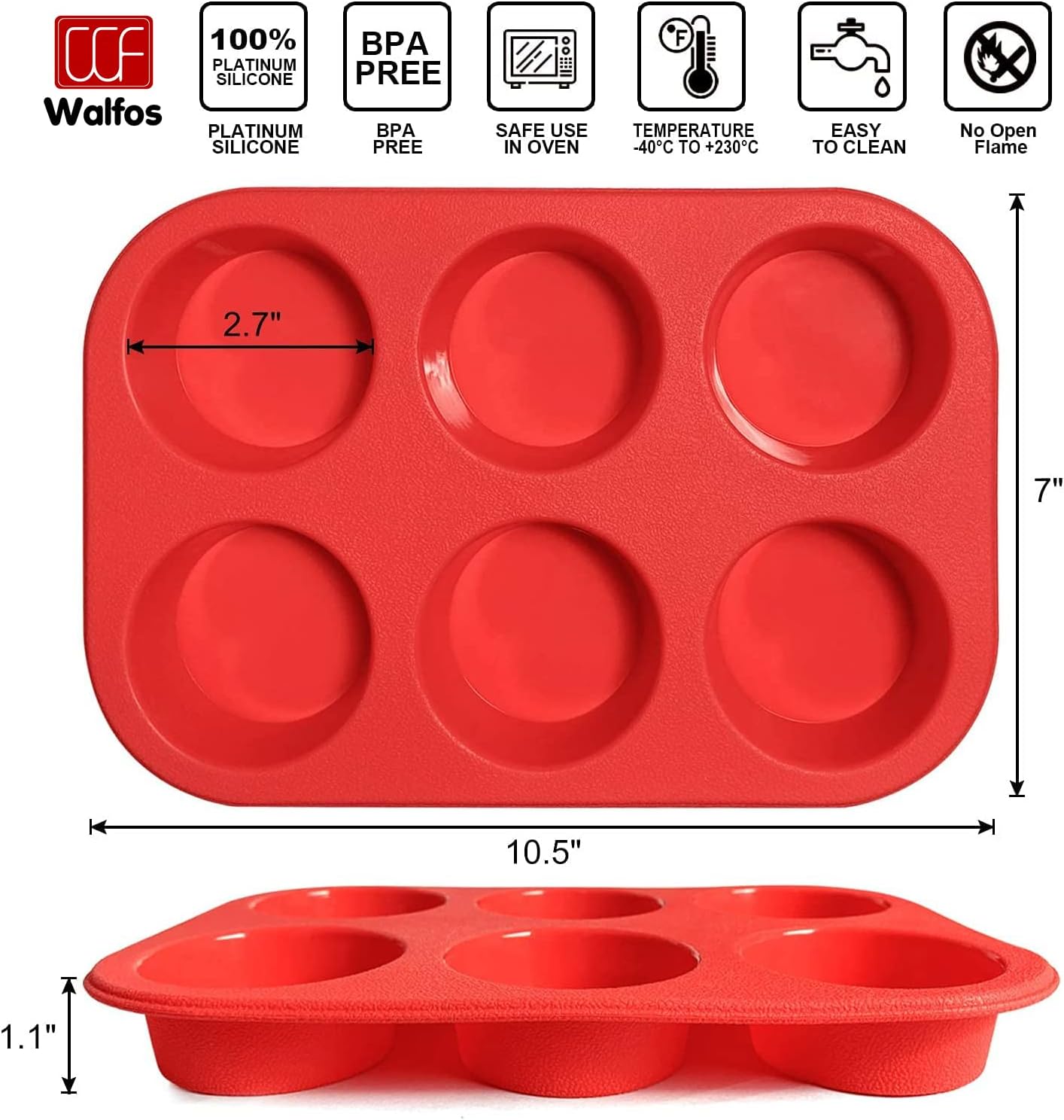 Walfos Silicone Muffin Pan - 6 Cup Non-Stick Silicone Cupcake Pan, Just PoP Out! Food Grade and BPA Free Baking Cups, Perfect for Egg Muffin, Cupcake, Dishwasher Safe (2 Pack Muffin Pan)