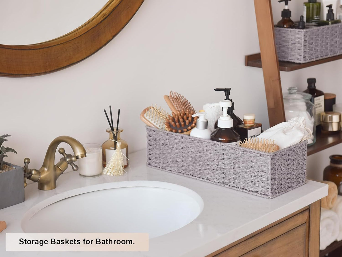 StorageWorks Round Paper Rope Toilet Tank Topper Basket, Wicker Basket for Bathroom, Gray, 2-Pack