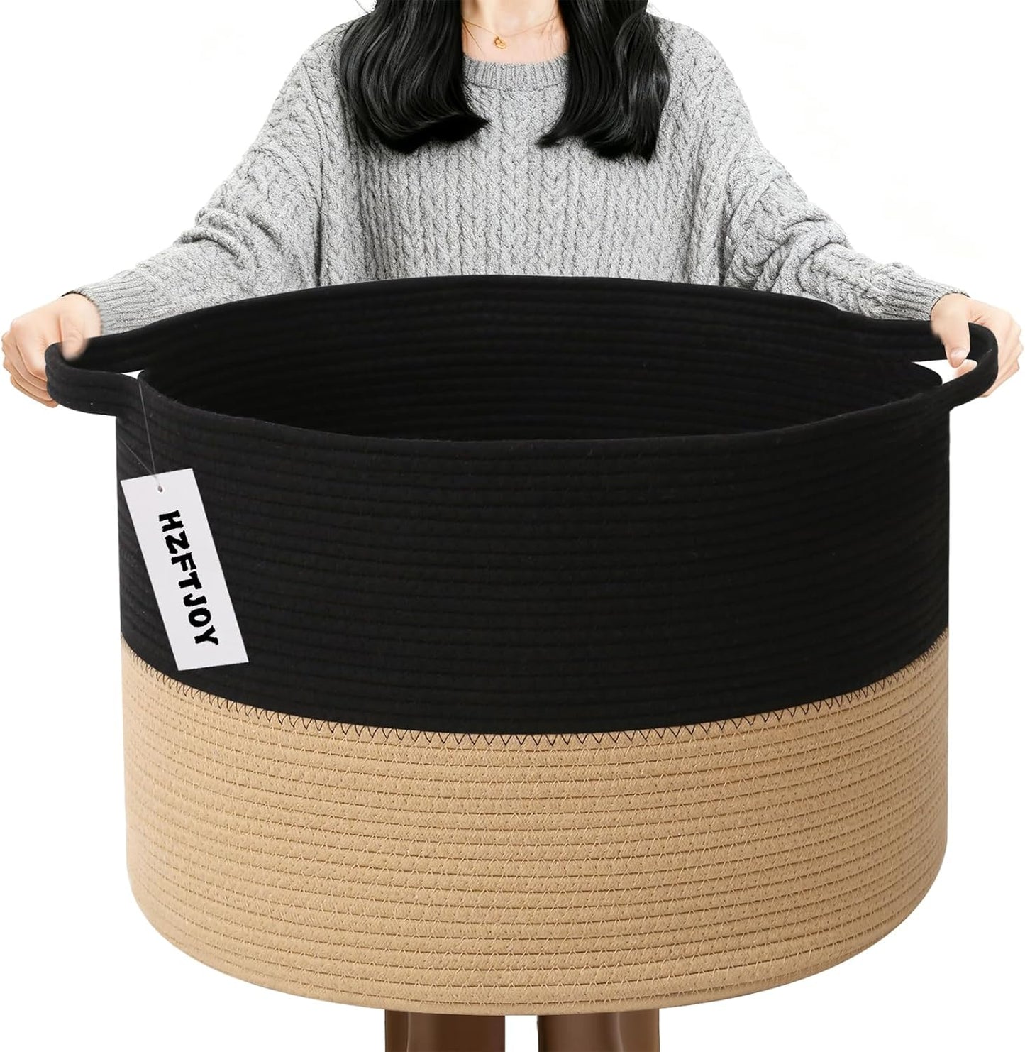 Large Blanket Basket for Organizing,65L Closet Organizers and Storage Bins Box for Shelves Woven Rope Storage Baskets,Living Room,Bedroom,Dorm,Laundry room (Black&Camel)