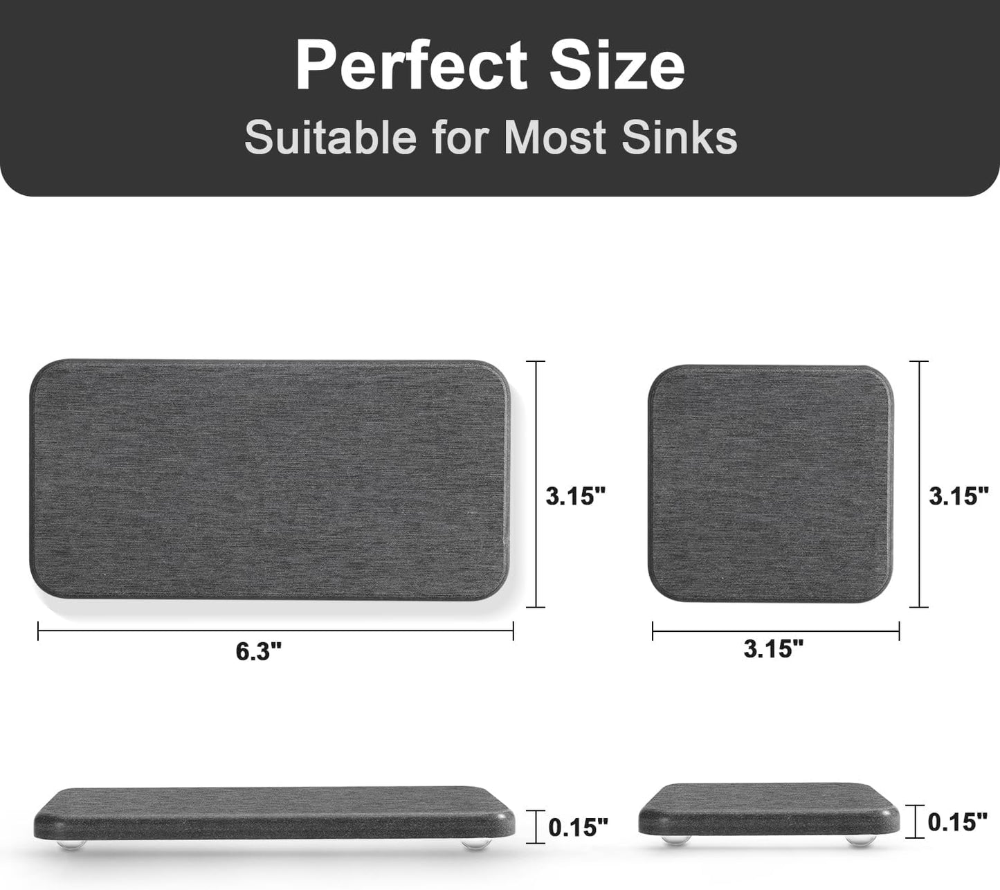 Water Absorbing Stone Tray for Sink | Quick Drying Diatomaceous Earth Coasters | Soap Dish Holder & Toothbrush Holder for Bathroom Counter | Hand Soap & Plant & Toiletries | Dark Grey 4-Pack