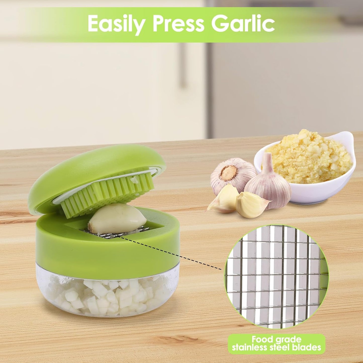 2 Pcs Garlic Press Set, Stainless Steel Garlics Crusher with Silicone Peeler and Cleaner Brush, Easy to Use Garlic Chopper for Shredded Garlic, Ginger, and Fruit