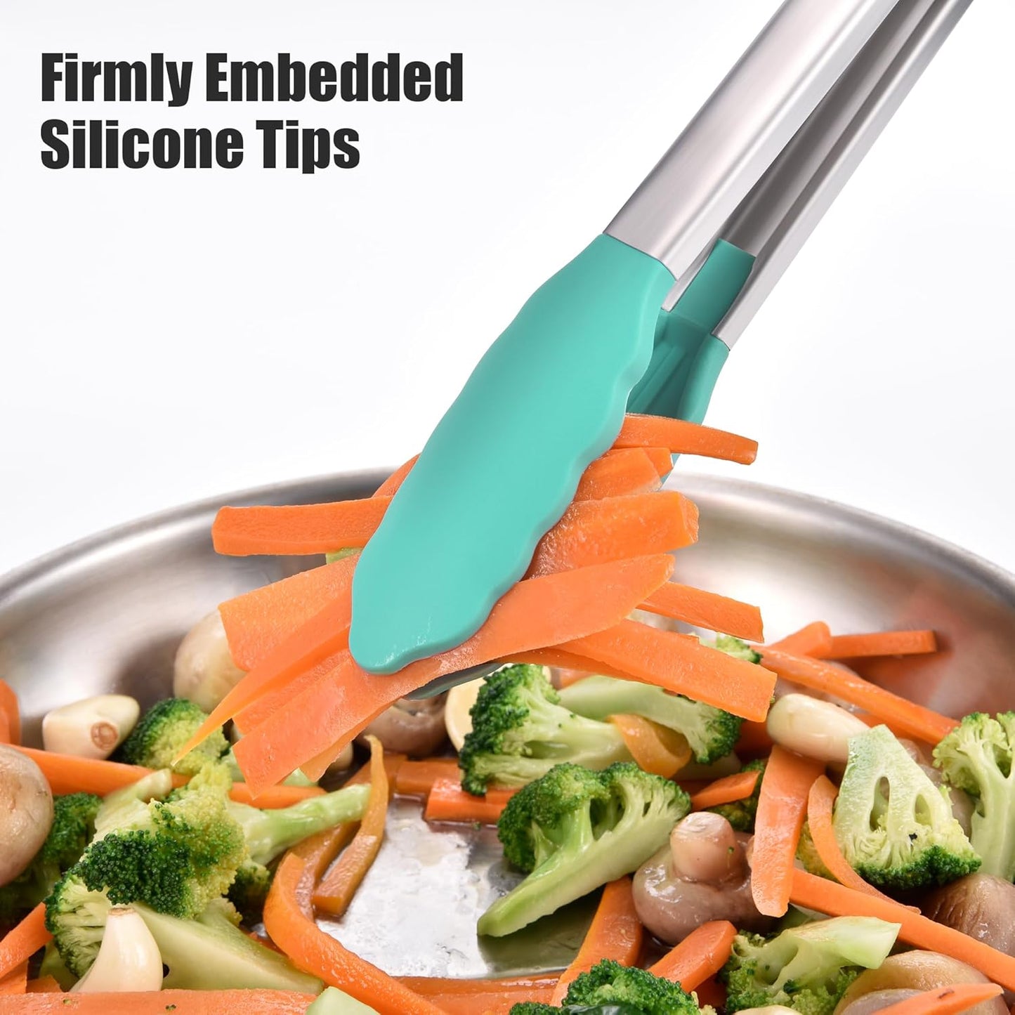 Doosu Kitchen Tongs for Cooking - 600°F Heat Resistant Food Tong with Non-Scratch Silicone Tips, Heavy Duty Stainless Steel Locking Tong for BBQ, Grilling Steak, Serving Salad, Pasta (12in, Aqua Sky)