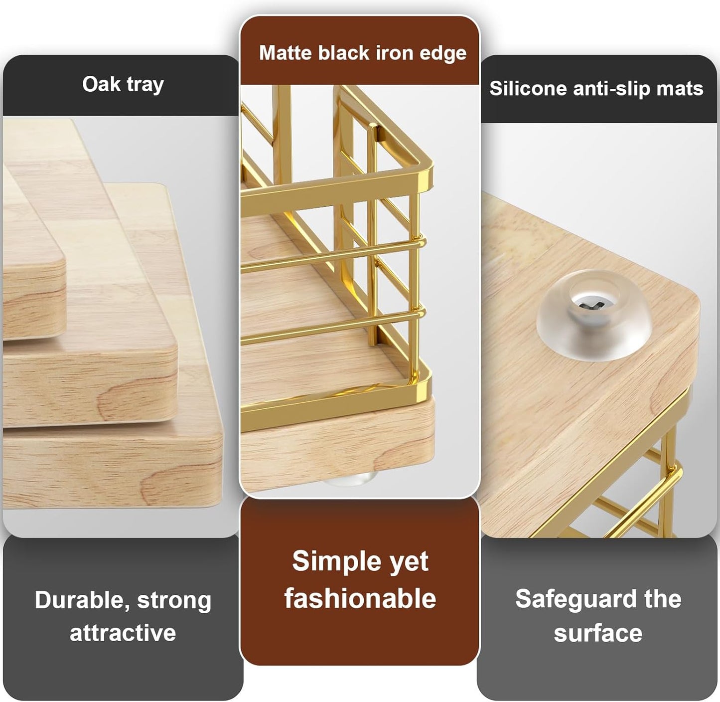 Wican Guest Towel Holder Tray for Bathroom, Oak and Iron Napkins Holder for Powder Room Dinning Table Wooden Basket for Disposable Paper Hand Towels Gold and Oak