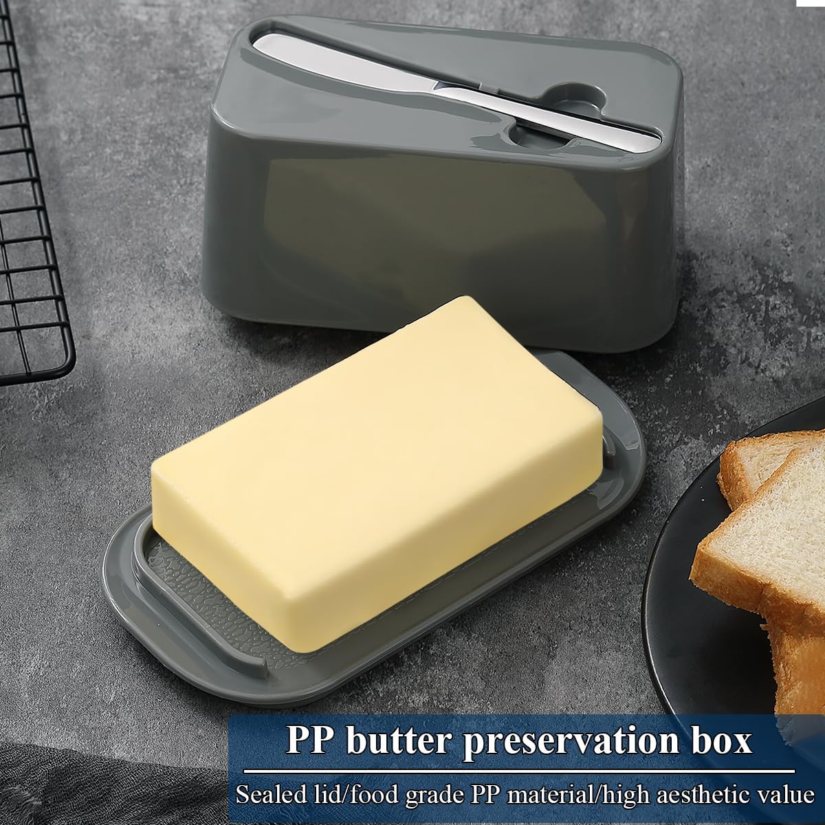 Evanda Butter Dish with Lid for Countertop and Refrigerator Door Shelf with Butter Spreader Knife, Butter Keeper, Plastic Butter Holder Tray Container for West/East Coast Butter
