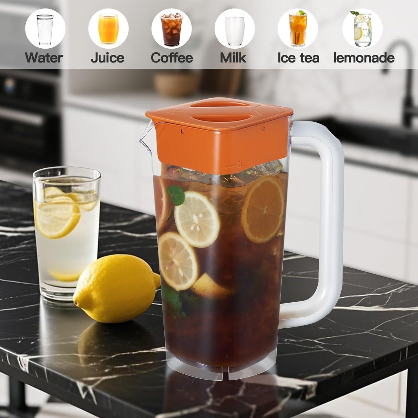 CURTA 1 Pack 2 Liters/68 oz Plastic Square Pitcher with Lid & Handle for Kitchen,ICED JUICE and Coffee Carafe Beverage Serveware, Acrylic Water Jug for Hot/Cold Drinks&lemonade