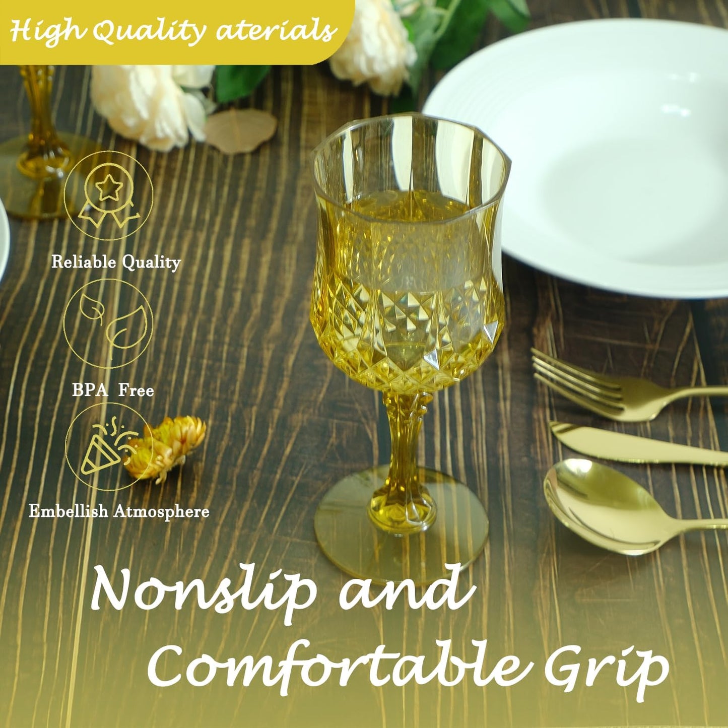 Plastic Wine Glasses，Plastic Goblets Vintage Style Cordial Drinking Glasses for Wedding Reception, Grand Event Party Supplies (24, Gold)
