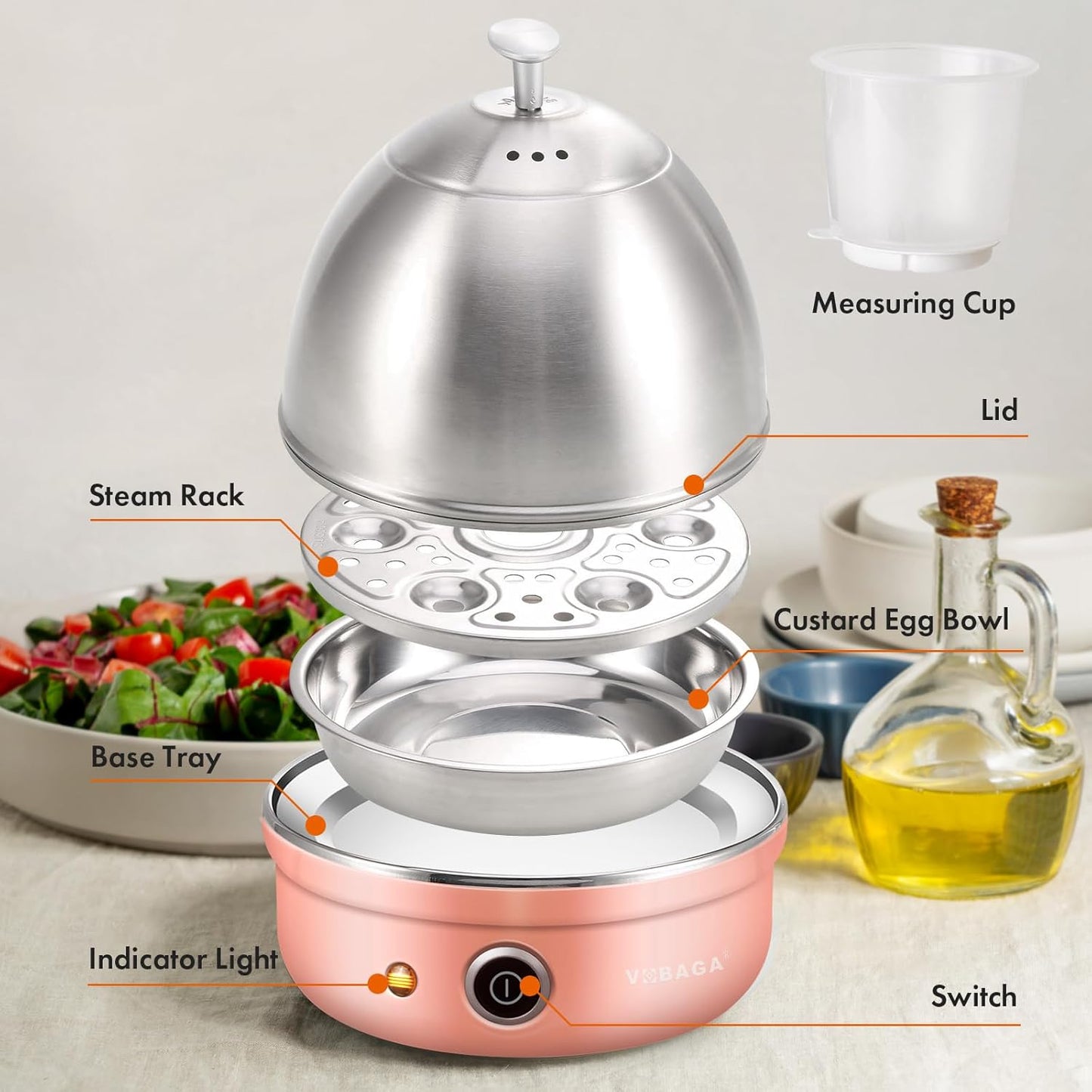 VOBAGA Electric Egg Cooker, Rapid Egg Boiler with Auto Shut Off for Soft, Medium, Hard Boiled, Poached, Steamed Eggs, Vegetables and Dumplings, Stainless Steel Tray with 7-Egg Capacity, Pink