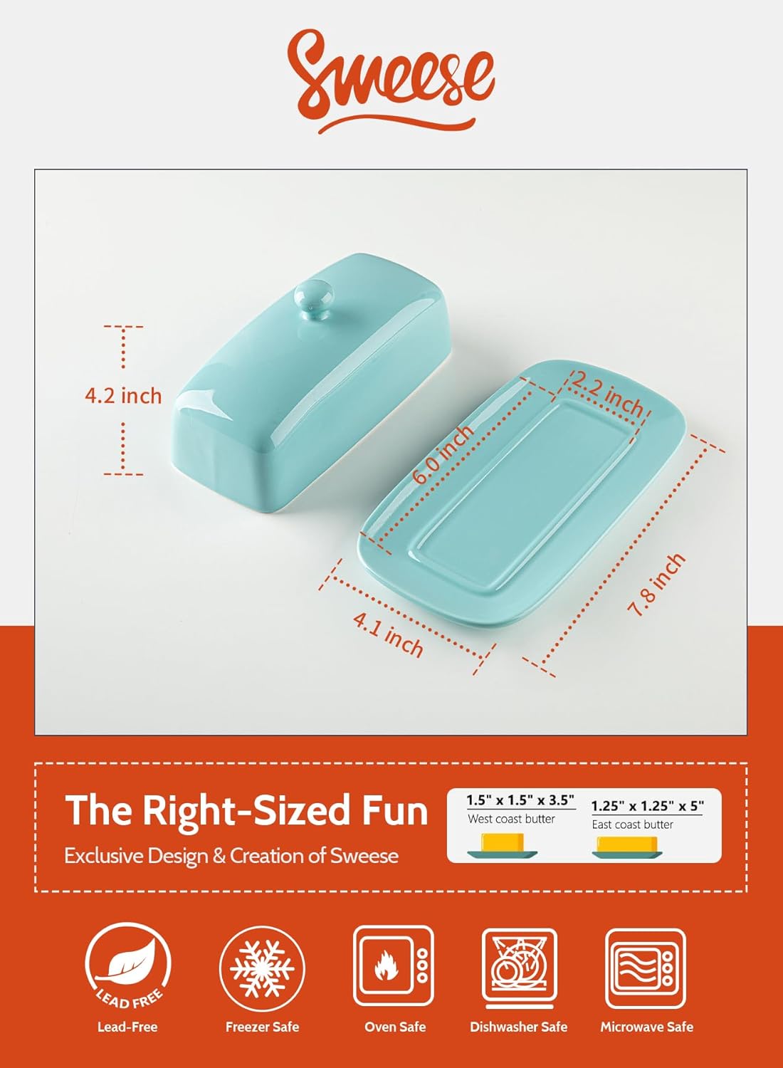 Sweese Butter Dish with Lid, Porcelain Butter Keeper, 7.8 Inch Butter Holder with Handle Cover, Butter Container Perfect for East West Coast Butter, Turquoise