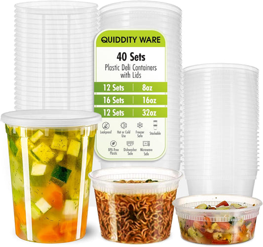 Deli Containers with Leakproof Lids-40 Sets [12sets-8oz, 16sets-16oz, 12sets-32oz] BPA-Free Plastic Microwaveable Clear Food Storage Container Premium Heavy-Duty, Freezer & Dishwasher Safe…