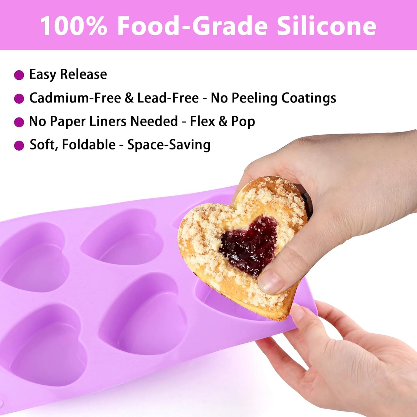 3-Pack 6-Cup Silicone Muffin Pans, Nonstick Cupcake Baking Molds, BPA/PFA-Free, Dishwasher & Oven Safe Heart-shaped Purple