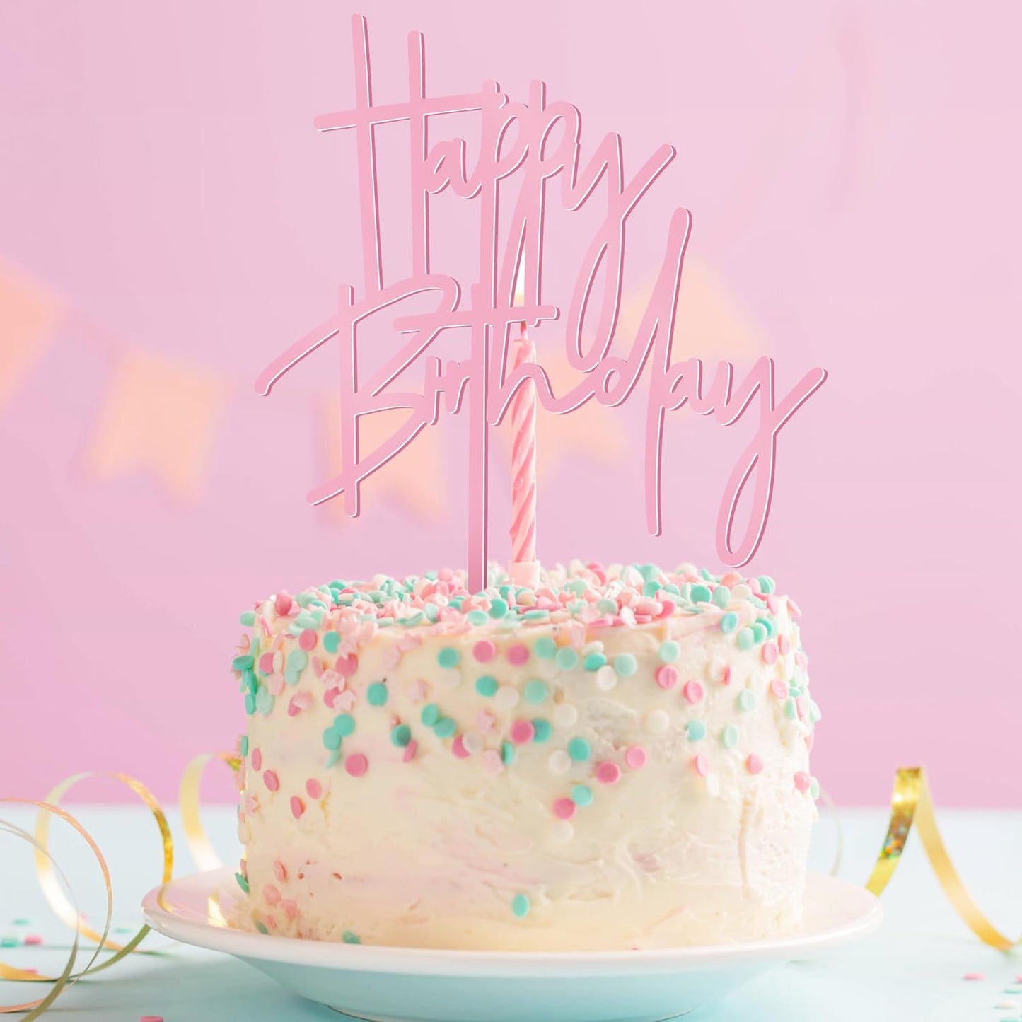1PCS Pink Birthday Cake Topper, 5.3 x 7.2Inches Happy Birthday Cake Topper, Acrylic Happy Birthday Cake Sign for Children or Adults, Party Cake Desserts Decor and Photo Booth Props