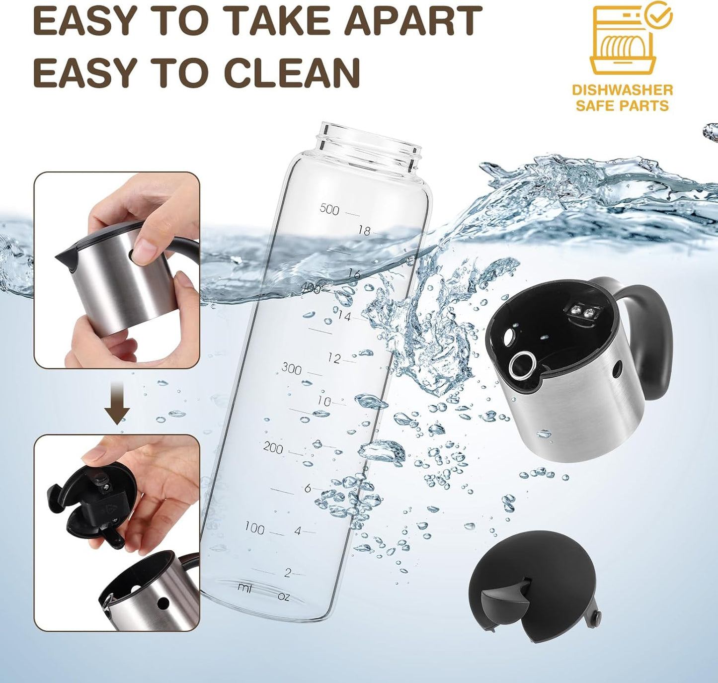 Vucchini Large Olive Oil Dispenser Bottle 17 oz - Auto Flip Condiment Container - Leakproof Vinegar Dispenser Glass Cruet Stainless Steel