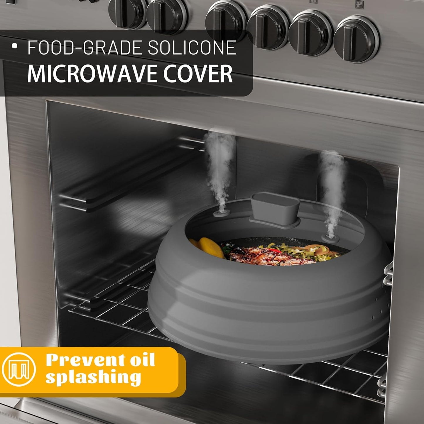 Microwave Splatter Cover, Vented Silicone and Glass Cover Splatter Guard Lid, Food Collapsible Plate Cover Lid with Easy Grip Handle. (Gray, 11.8 inch)