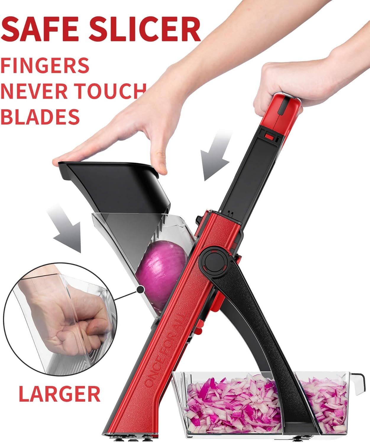 ONCE FOR ALL Safe Mandoline Slicer For Kitchen, Biger Size, Adjustable Vegetable Chopper Food Slicer Potato French Fry Cutter with Peeler, Detachable, Kitchen Chopping Artifact (Red)