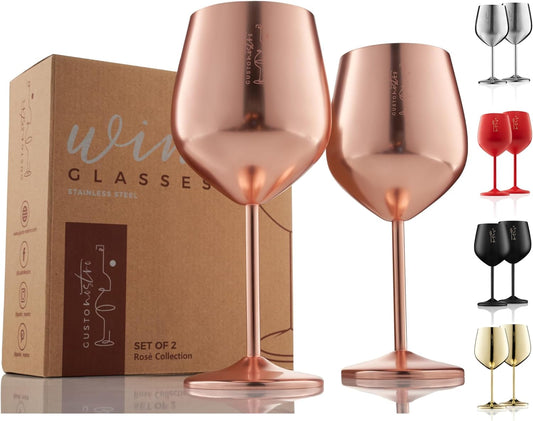 Gusto Nostro Stainless Steel Wine Glass - 18 oz - Unbreakable Rose Gold Wine Glasses for Travel, Camping and Pool - Fancy, Unique and Cool Portable Metal Wine Glass for Outdoor, Picnics (Set of 2)