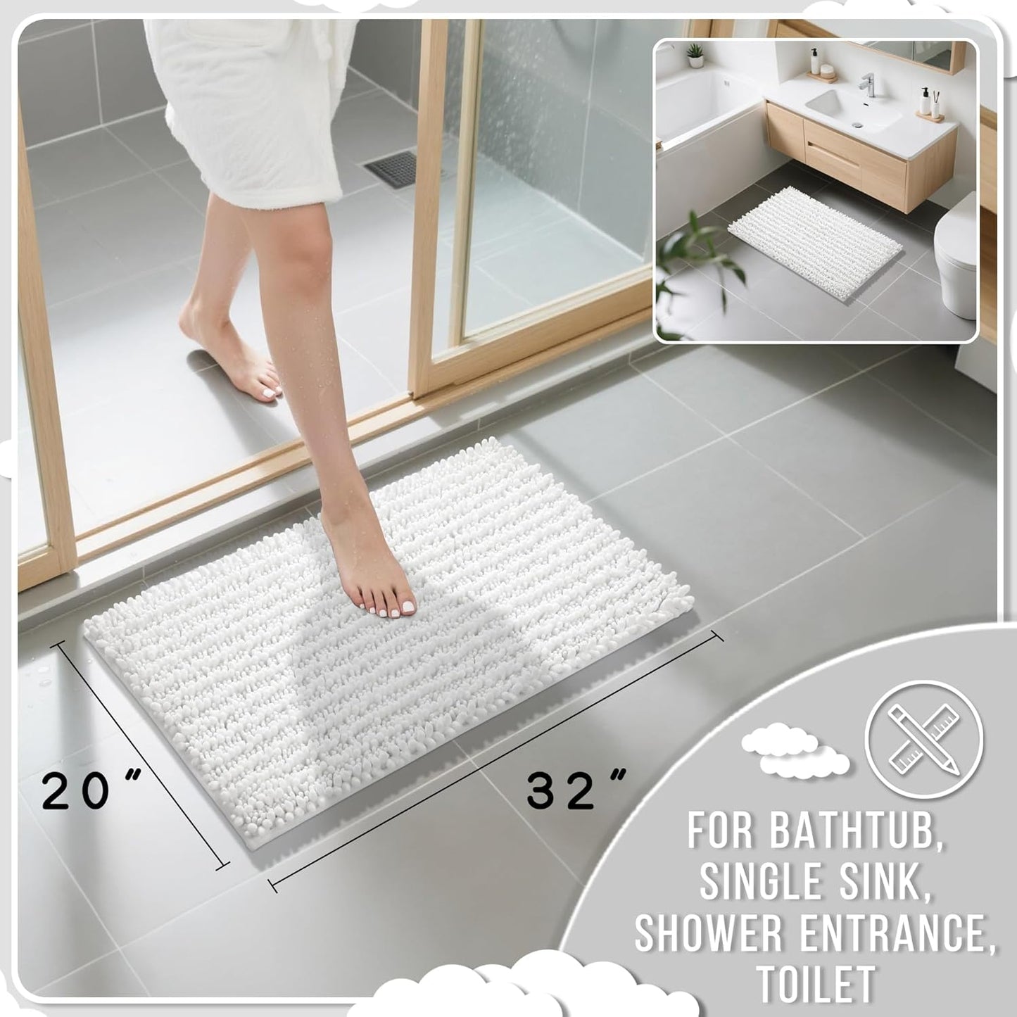 Yimobra Bathroom Rugs Non Slip Washable 32x20 Inch - Ultra Soft Absorbent Chenille Bath Mat, Quick Dry Shaggy Floor Carpet for Tub Shower, White Home Decor Accessories