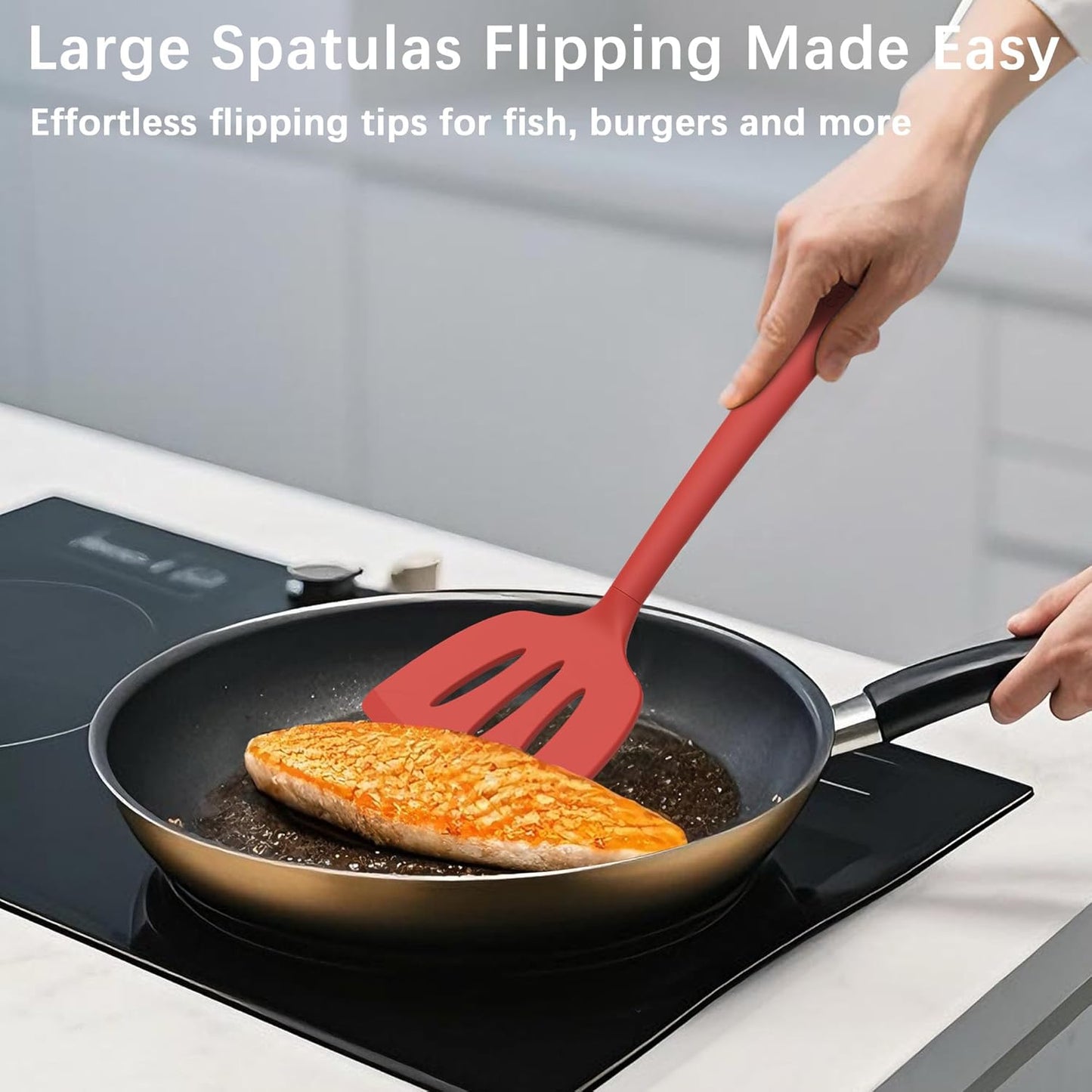Coukre Silicone Spatula Set of 3, High Heat Resistant, BPA-Free, Kitchen Utensils, Fish Spatula, Solid & Slotted Turner for Non-Stick Pans, Flipping Eggs, Pancakes, Fish, Burgers (3, PureRed)