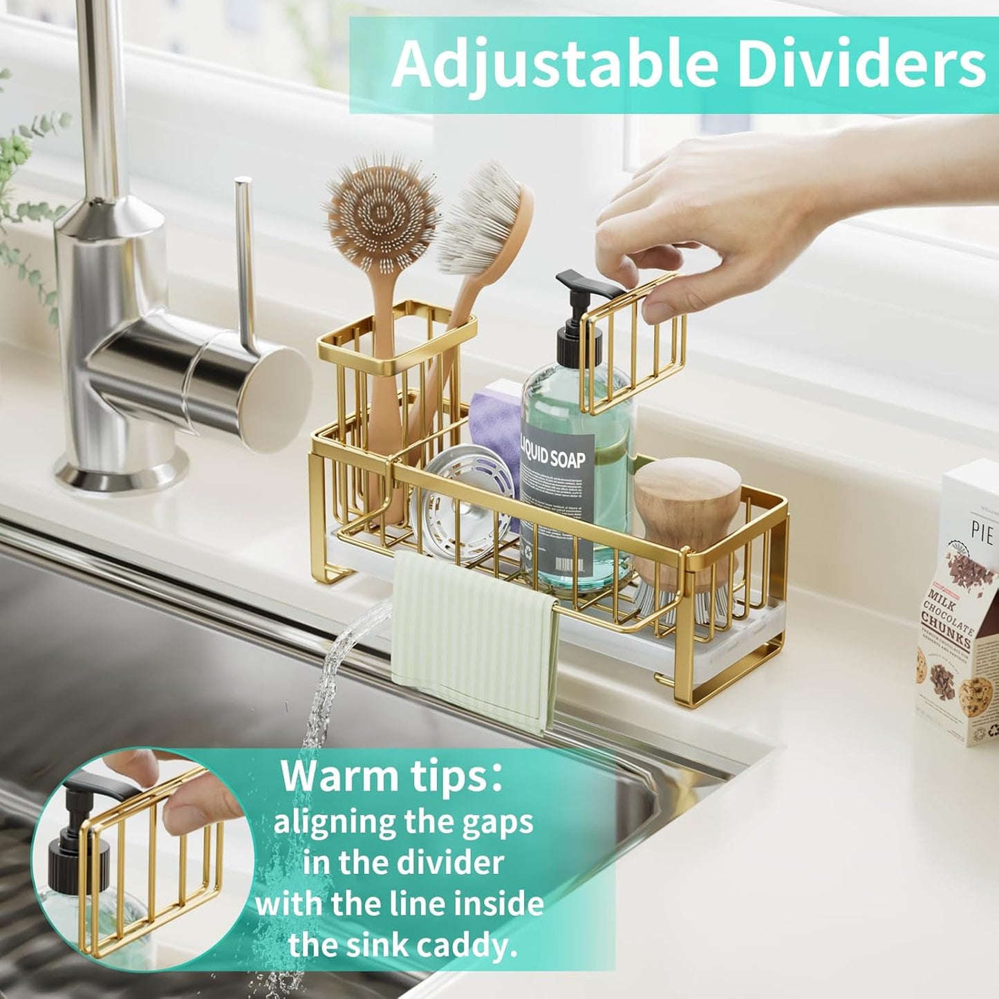 HapiRm Sponge Holder for Kitchen Sink - Self-draining Sink Caddy with Brush Holder and Dishcloth Holder, Stainless Steel Kitchen Organizer for Countertop - Gold