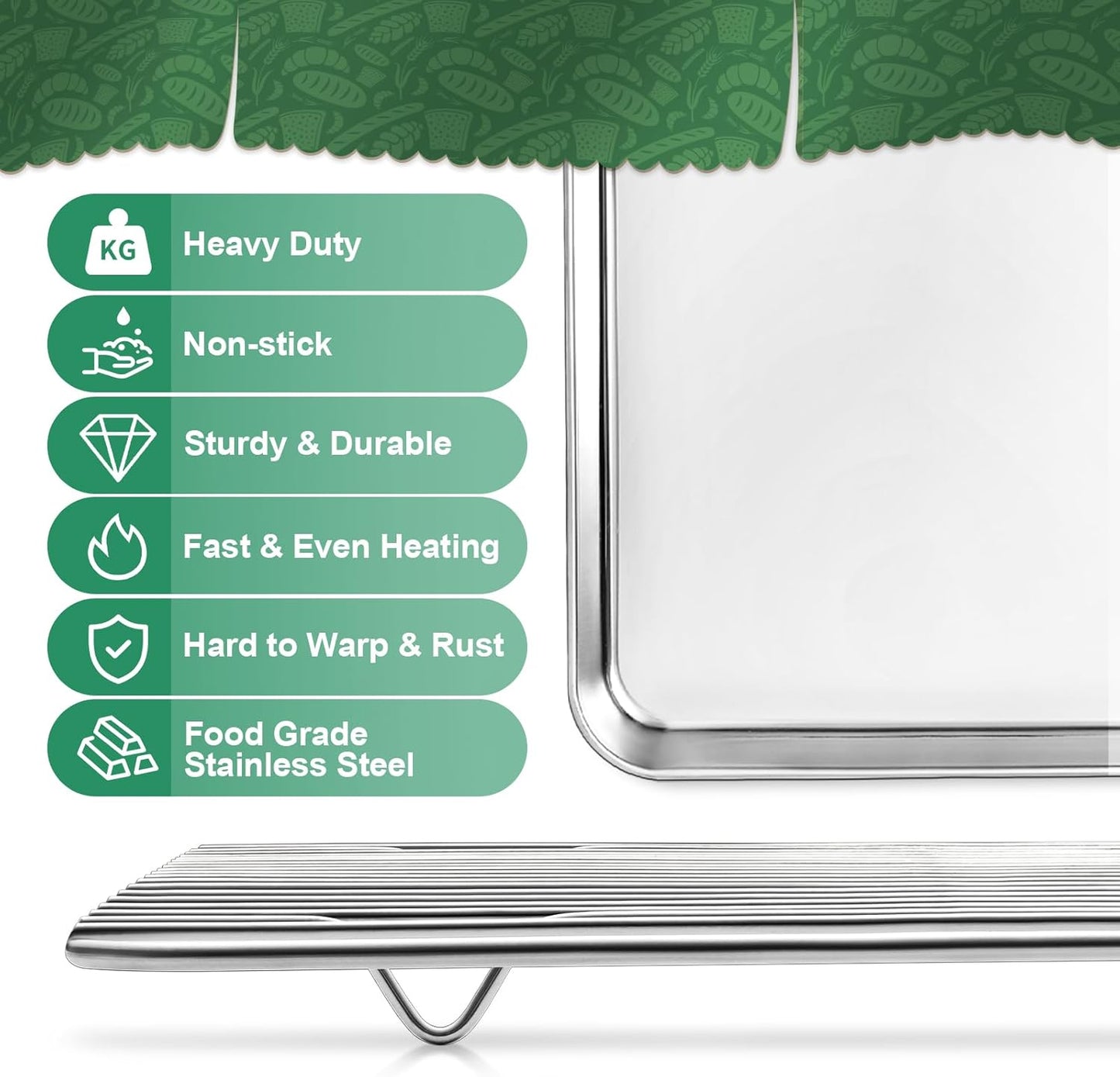 Baking Sheets 2 Pieces with A Rack, HKJ Chef Cookie Sheets and Nonstick Cooling Rack & Stainless Steel Baking Pans & Toaster Oven Tray Pan, Rectangle Size 12.5 x 10 x 1 inch & Non Toxic