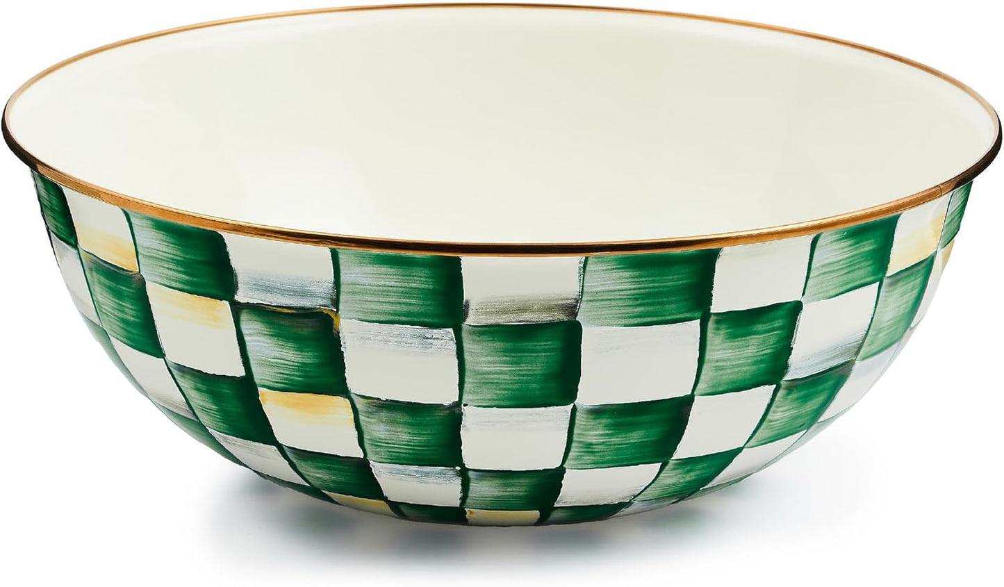 MACKENZIE-CHILDS Enamel Everyday Bowl, Serving Bowl for Entertaining, Extra Large, Green-and-White Emerald Check