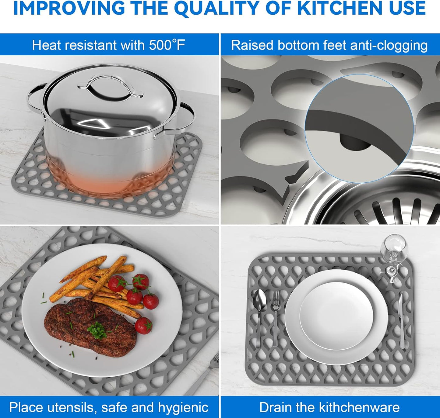 Silicone Sink Mat 2PCS TOOVEM Sink Protectors for Kitchen Sinks, Non-Slip Folding Grid for Bottom of Farmhouse Stainless Steel Porcelain Sink Pad