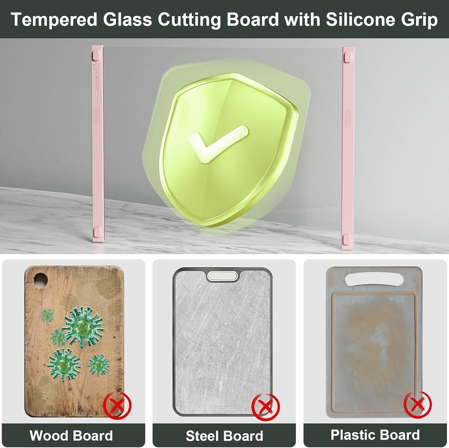 Glass Cutting Board with Silicone Grip, 80% Stronger Shatter Resistance and Slip Resistance,No Scratches/Microplastic-Free,Dishwasher Safe, Non Toxic Cutting Board for Kitchen (Pink-12 * 8"&16 * 12")