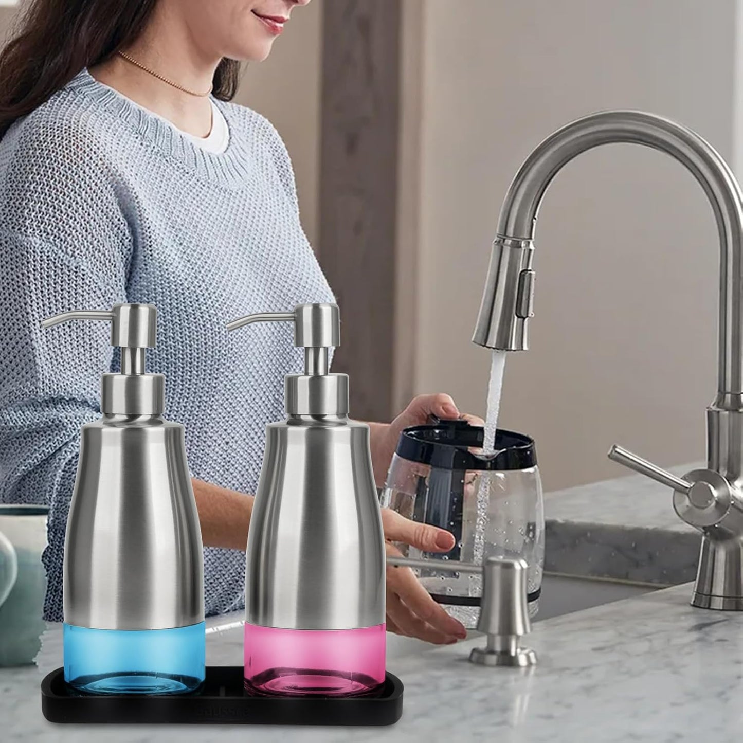 Kitchen Soap Dispenser Set with Silicone Tray and Stickers - Brushed Nickel, Stainless Steel Glass Soap Dispenser Bathroom, Refillable Hand Dish Soap Dispenser for Kitchen Sink