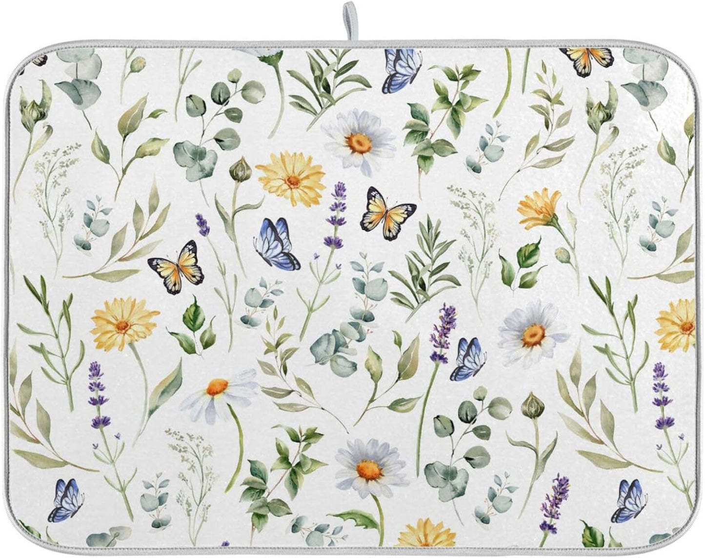 Wildflowers Butterflies Botanical Leaves Dish Drying Mat for Kitchen Counter Absorbent Microfiber Drying Pad, Large 18x24 in, Reversible Drainer Mats