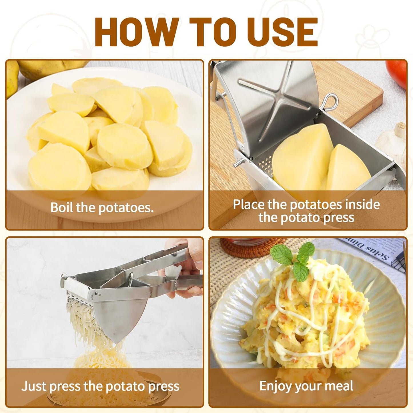 Potato Ricer, Heavy Duty Stainless Steel Professional Ricer for Mashed Potatoes and Ricer Kitchen Tool, Mash Potato Masher for Creamy Mashed Potatoes (Silver)